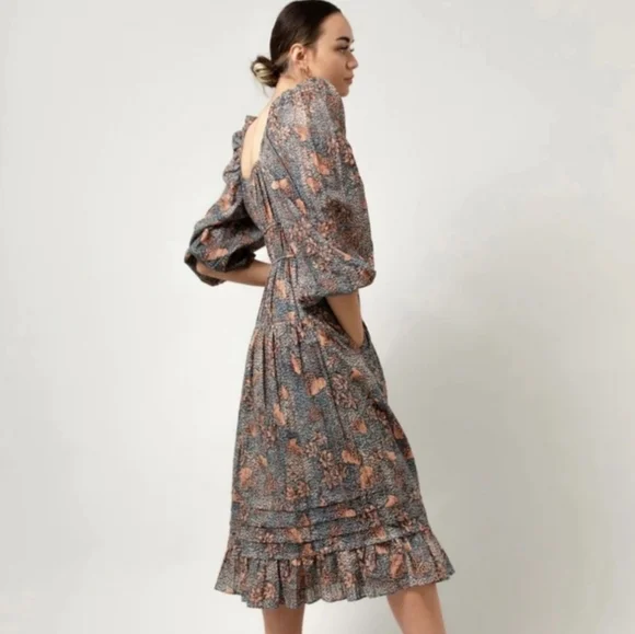 Ulla Johnson Isla Pleated Puff Sleeve Flouncy Floral Midi Dress - Picture 4 of 16